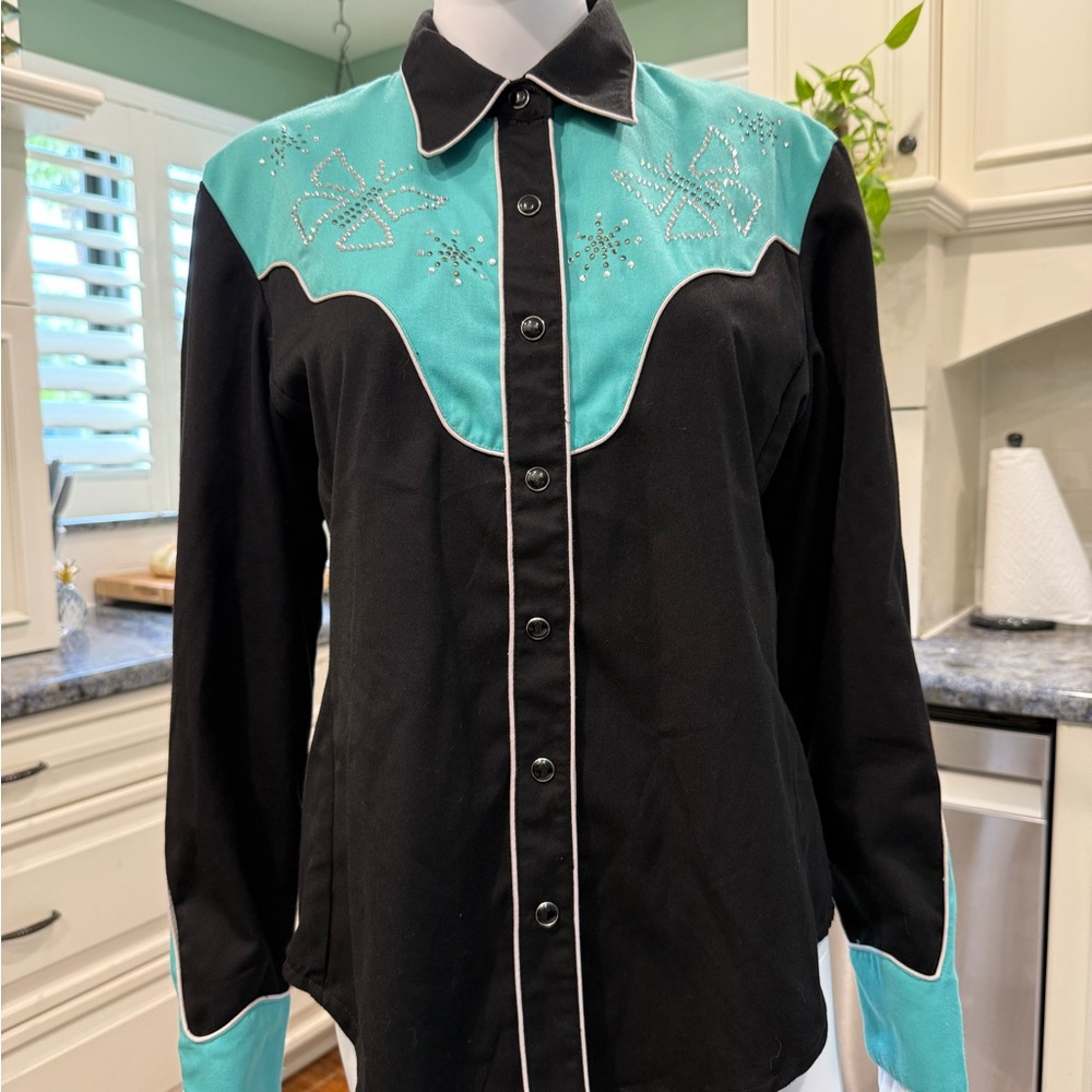 Women's Black and Turquoise rhinestone button down shirt western cowboy cowgirl